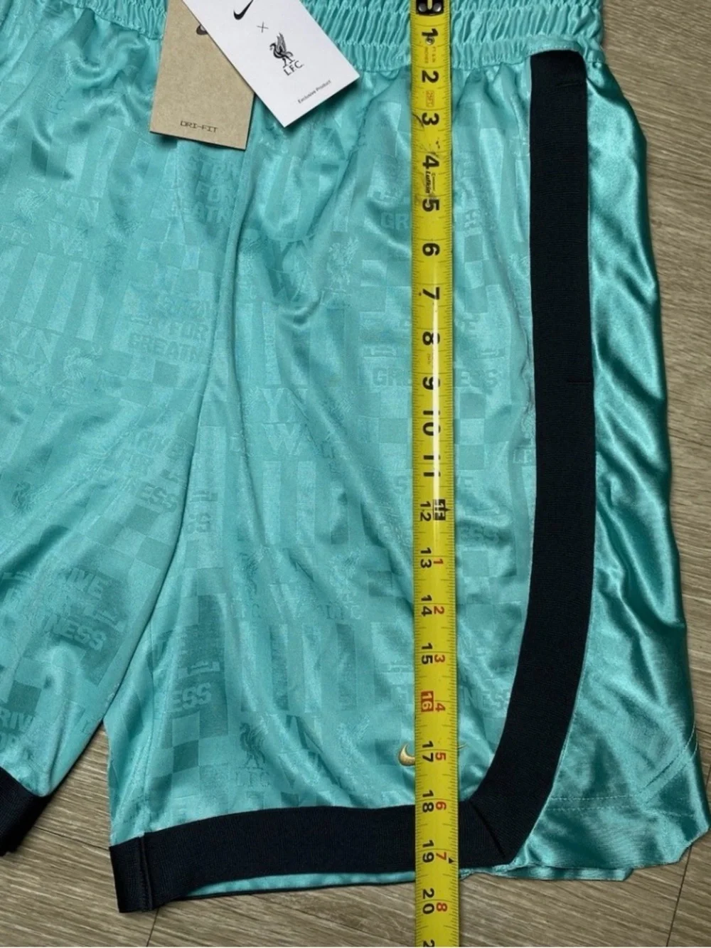 Nike Men’s Athletic Shorts Aqua Blue with Black Trim and Gold Accents